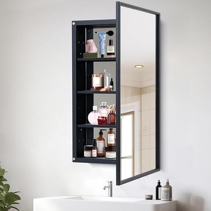 Black Bathroom Medicine Cabinet with Mirror Squared Rectangle Metal Frame Recessed Or Wall Mounted Single Door Storage Medicine Cabinets with 3 Adjustable Shelves (Black, 20 * 30'')