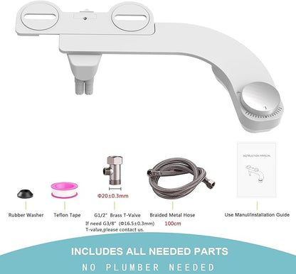 Bidet Attachment for Toilet - Left Handed Bidet Ultra-Slimt Non-Electric Dual Nozzle (Frontal & Rear Wash) Adjustable Water Pressure, Water Bidet Toilet Seat Attachment,Easy to Install (Silver)