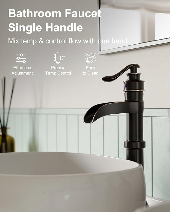 BWE Vessel Sink Faucet Waterfall Tall Oil Rubbed Bronze Bathroom Faucet | Single Hole One Handle Brass Countertop Lavatory Vanity Mixer Tap with Pop Up Drain and Supply Lines for RV Bar No Overflow
