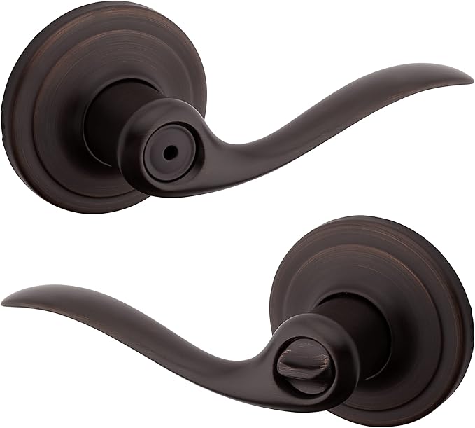 Kwikset Tustin Interior Privacy Door Handle with Lock, Door Lever for Bathroom and Bedroom, Venetian Bronze Reversible Keyless Turn Lock, with Microban Protection (Pack of 4)