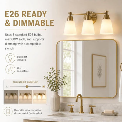 3-Light Bathroom Vanity Light, Gold Finish with Milk Glass Shades, Over Mirror, for Bathroom Vanity