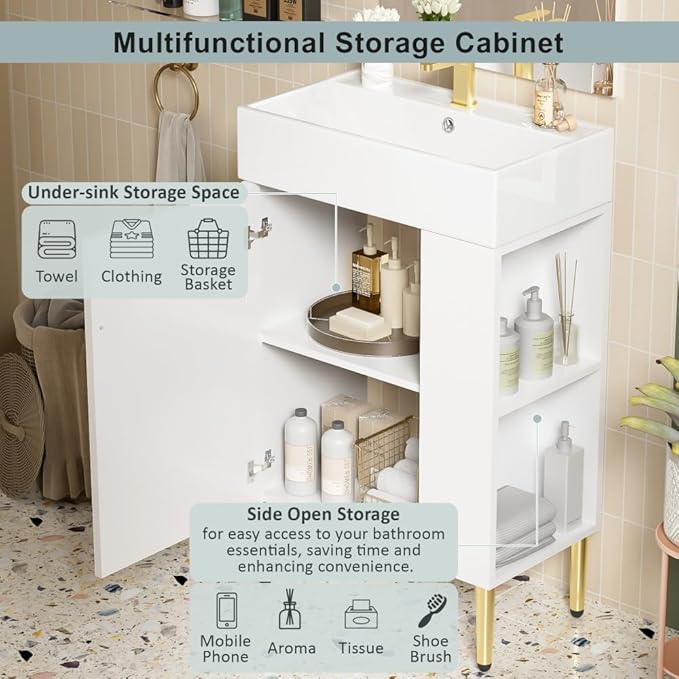 22" Small Bathroom Vanity with Sink, Morden Bathroom Vanities with Soft-Close Door and Open Shelf, Freestanding Narrow Vanity for Compact Space-Saving Bathrooms (White,22" Freestanding Right Shelf)