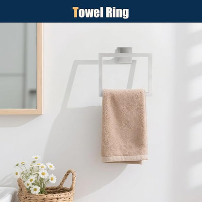 10 Pcs Silver Bathroom Hardware Accessories Set 23.6 Inch Wall Mounted | Bath Towel Bar Kit with Square Towel Racks Ring and Towel Hooks, Paper Holder, 304 Stainless Steel