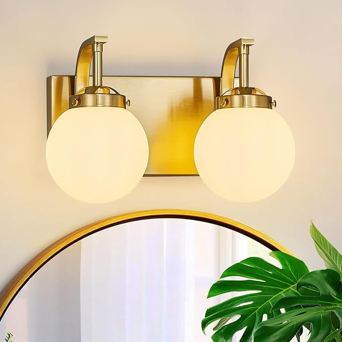 2 Lights Bathroom Vanity Light Fixtures Modern Gold Vanity Light with Milk White Glass Globe Shade Bathroom Lighting Over Mirror Wall Sconce for Bedroom Living Room Hallway