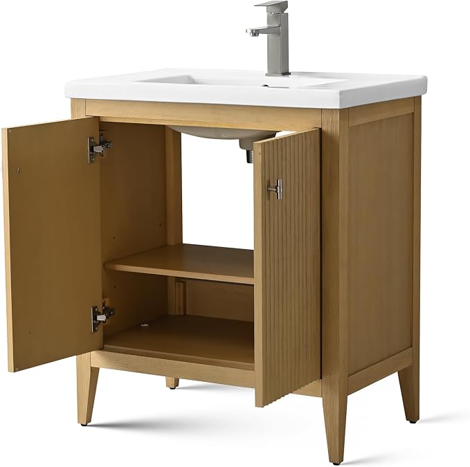 Vanity Art 30 inch Oak Bathroom Vanity with Single Sink & Ceramic Top, Vanity Cabinet with Soft-Closing Door, Solid Wood Frame, Linear Pattern, Natural Oak, VA9130-NO-MB,Matte Black Handles