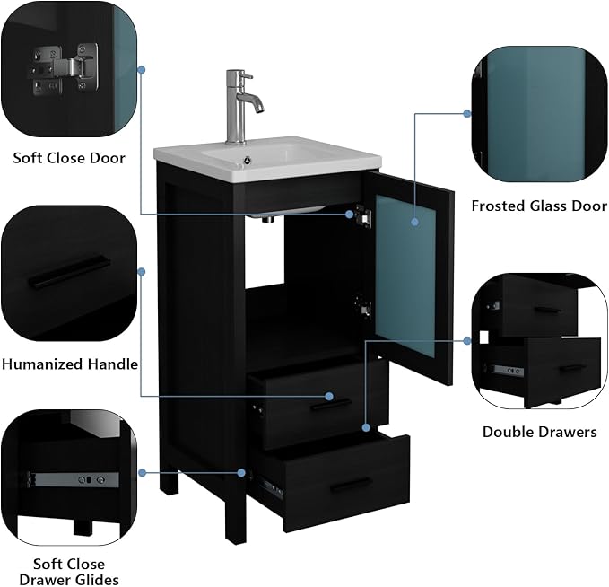 wonline 16 Inch Modern Bathroom Vanity with Sink, Single Bathroom Cabinet Vanity for Small Space, Freestanding Storage Drawered Cabinet with Faucet & Pop Up Drain, Black