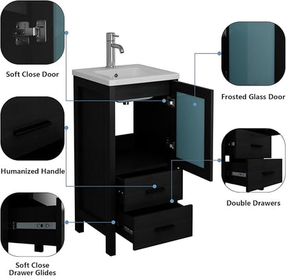 wonline 16 Inch Modern Bathroom Vanity with Sink, Single Bathroom Cabinet Vanity for Small Space, Freestanding Storage Drawered Cabinet with Faucet & Pop Up Drain, Black