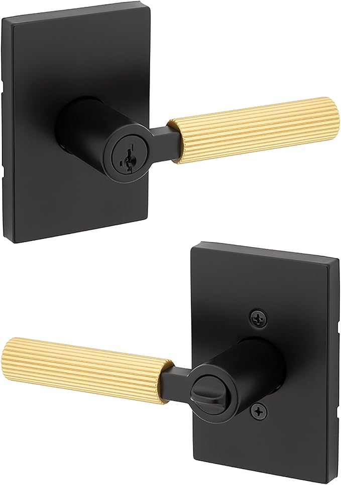 Kwikset Mirada Reeded Entry Door Handle with Lock and Key, Secure Keyed Reversible Lever Exterior, Door Lock for Front Door, Matte Black Satin Brass, Pick Resistant SmartKey Security and Microban