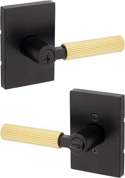 Kwikset Mirada Reeded Entry Door Handle with Lock and Key, Secure Keyed Reversible Lever Exterior, Door Lock for Front Door, Matte Black Satin Brass, Pick Resistant SmartKey Security and Microban