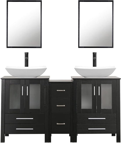 60" Double Sink Bathroom Vanity,Black Bathroom Vanity with Double Side Vanity Cabinets & Removable 3 Drawer Storage Cabinet,Modern Vessel Sink Combo,Mirror Not Included(032WH)