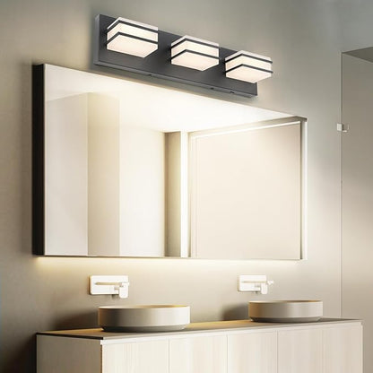 3 Color Temperature Dimmable Bathroom Light Fixtures over Mirror LED Black Vanity Acrylic Stainless Steel Square Shade Lights for Bathroom, ETL Certificated, VL5518