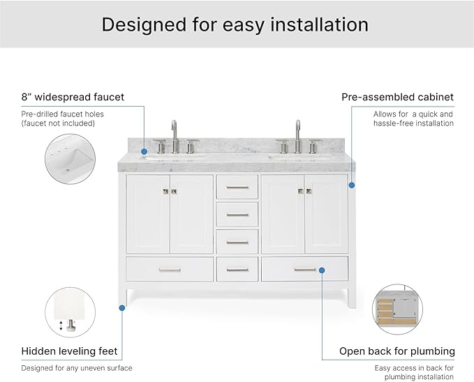 ARIEL Cambridge 60-inch Bathroom Vanity with Sink,Solid Wood, 2-inch Italian Carrara Marble Countertop, Double Rectangular Porcelain Sink, 2 Soft Closing Doors, 6 Dovetail Drawers, White