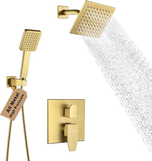 9246-88G POP SANITARYWARE Shower Faucet Set Brushed Gold 6 Inch Thickened Shower Head and Handle Set Shower System Wall Mounted Shower Fixture Include Shower Valve and Trim Kit