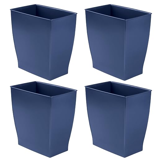 iDesign Small Plastic Bathroom Trash Can, Slim Rectangle, 4-Pack, Navy Blue | Bedroom, Office, Dorm
