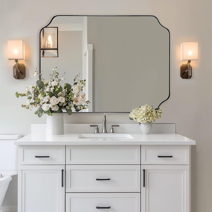 Chrome Bathroom Mirror, 30x40 Inch Polished Chrome Rectangle Mirror, Scalloped Mirror for Bathroom, Anti-Rust Stainless Steel Metal Frame 1’’, Unique Shape Ideal for Home Remodel