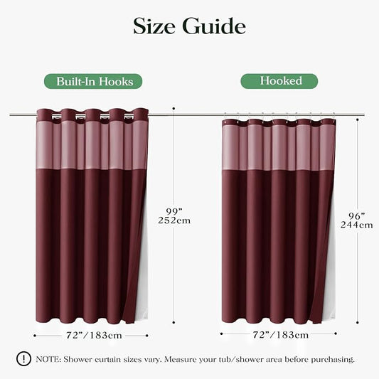 Burgundy Hook Free Waffle Shower Curtain & Snap Fabric Liner,72x99 | Less Time to install, 3 in 1 Fabric Shower Curtain and Liner Set with Magnets, Extra Long, Shower Curtains for Bathroom