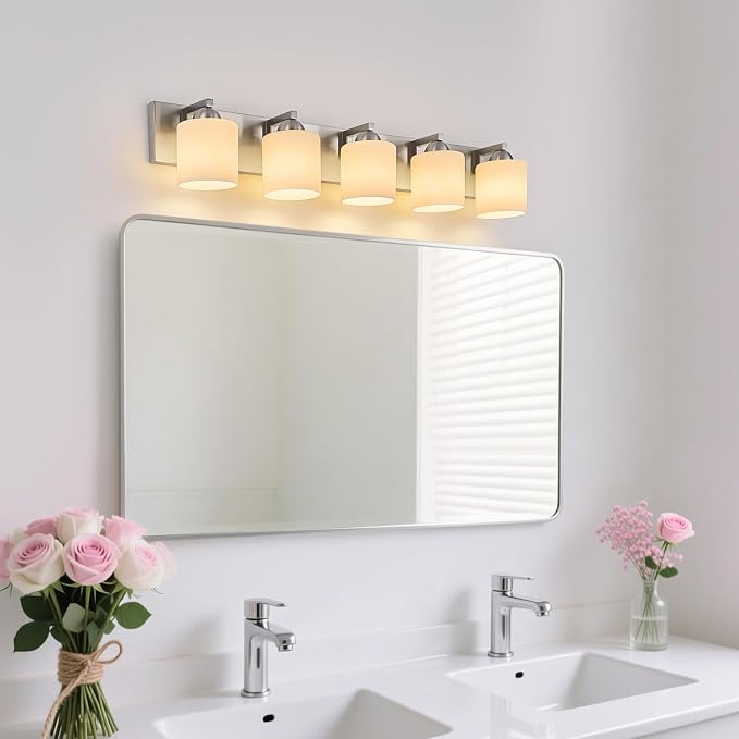 mirrea 5-Light Brushed Nickel Bathroom Vanity Light with White Glass Shades | Over Mirror,Wall Sconce,ETL listed,Bathroom Lighting Fixtures,Elegant Design,Milk White Glass Shade,Easy Installation