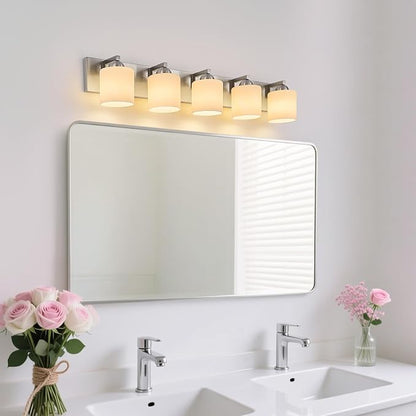 mirrea 5-Light Brushed Nickel Bathroom Vanity Light with White Glass Shades | Over Mirror,Wall Sconce,ETL listed,Bathroom Lighting Fixtures,Elegant Design,Milk White Glass Shade,Easy Installation