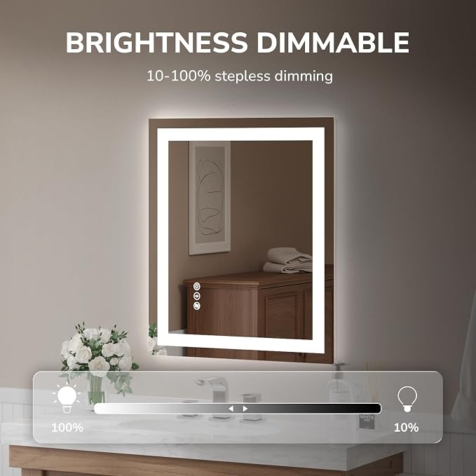 LED Bathroom Mirror 24x32 Inch | Tempered Glass - Frameless Backlit Lighted Mirror for Bathroom Vanity with Anti-Fog, 3 Colors Dimmable, Memory Function,