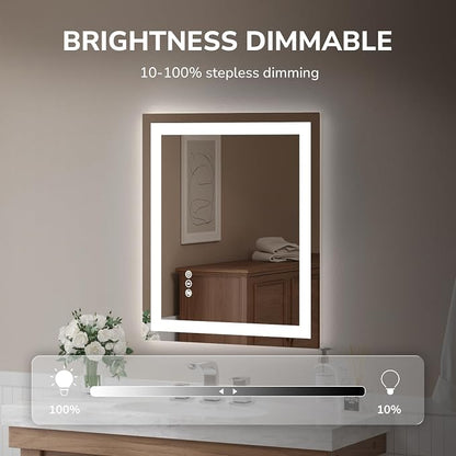 LED Bathroom Mirror 24x32 Inch | Tempered Glass - Frameless Backlit Lighted Mirror for Bathroom Vanity with Anti-Fog, 3 Colors Dimmable, Memory Function,