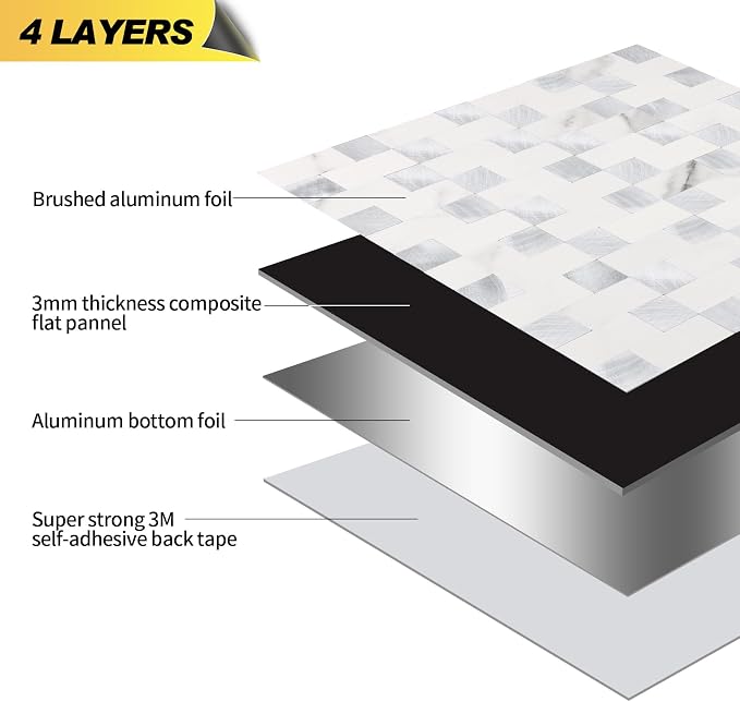 Yipscazo Peel and Stick Backsplash Tile, Stick on Stainless Steel Backsplash Metal Tiles for Kitchen Walls in Marble White Mixed Metal (12''x12'',20 Sheets)