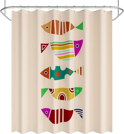 AmazerBath Cute Shower Curtain, Geometric Shaped Fish Bathroom Shower Curtain with 12 Shower Curtain Hooks, Rustic Fabric Shower Curtain Set, 72x72 Inches