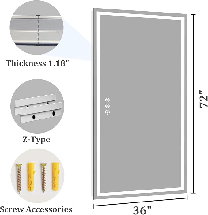 Koonmi 72x36 LED Bathroom Mirror with Light, Anti-Fog, 3 Colors | Backlit + Front Lit, Dimmable Brightness, Shatterproof HD Distortion-Free Tempered Glass, Hardware Included