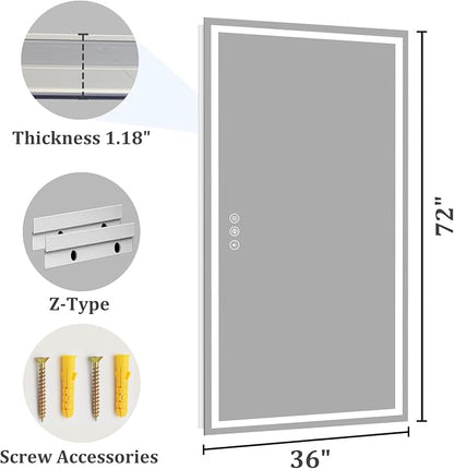 Koonmi 72x36 LED Bathroom Mirror with Light, Anti-Fog, 3 Colors | Backlit + Front Lit, Dimmable Brightness, Shatterproof HD Distortion-Free Tempered Glass, Hardware Included