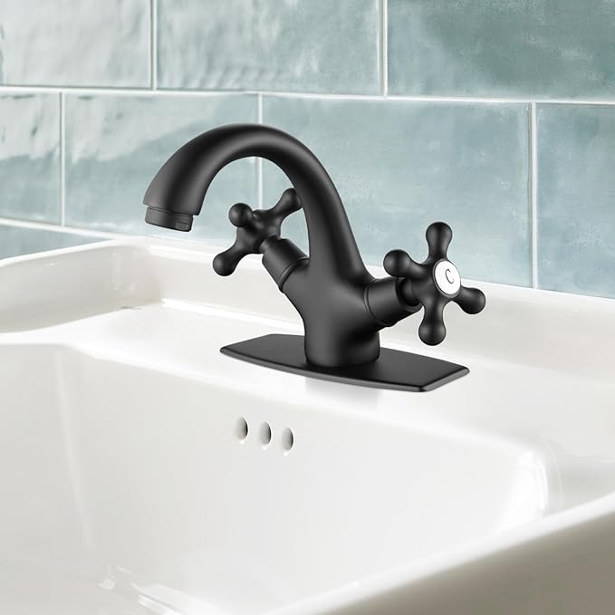 gotonovo Bathroom Sink Faucet Single Hole Double Cross Handle Knobs Lavatory Vessel Sink Mixer Tap Bathroom Faucet with Pop up Drain and Deck Cover Plate Matte Black