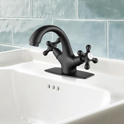gotonovo Bathroom Sink Faucet Single Hole Double Cross Handle Knobs Lavatory Vessel Sink Mixer Tap Bathroom Faucet with Pop up Drain and Deck Cover Plate Matte Black