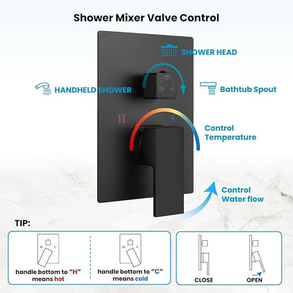 gotonovo Tub Shower Faucet Set with Valve Kit 8’’ Head,Matte Black | Shower System with Tub Spout,SUS304 Rain Head with Handheld Sprayer,Swivel Spout,All Metal,Rough-In Valve Trim Kit,Wall Mount