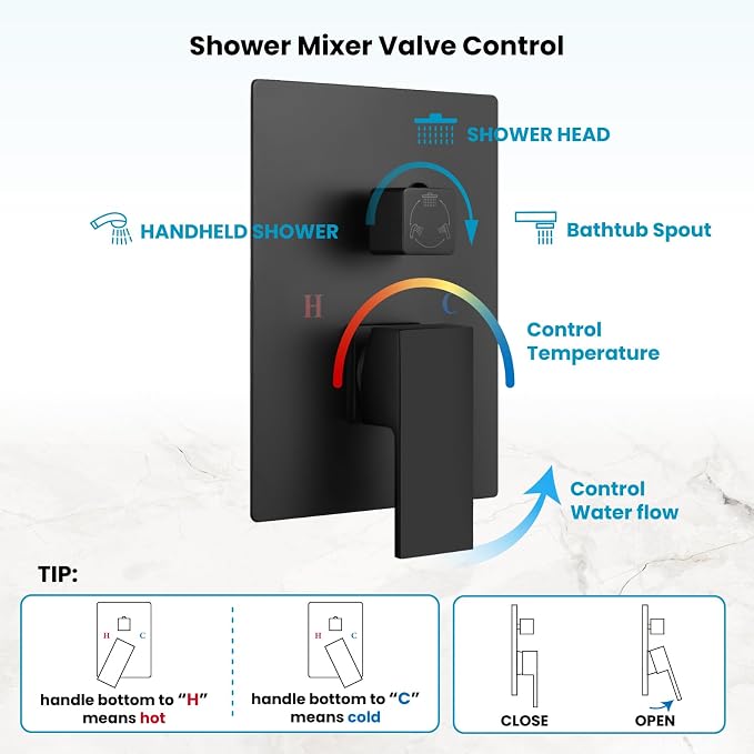 gotonovo Tub Shower Faucet Set with Valve Kit 10’’ Head,Matte Black | Shower System with Tub Spout,SUS304 Rain Head with Handheld Sprayer,Swivel Spout,All Metal,Rough-In Valve Trim Kit,Wall Mount