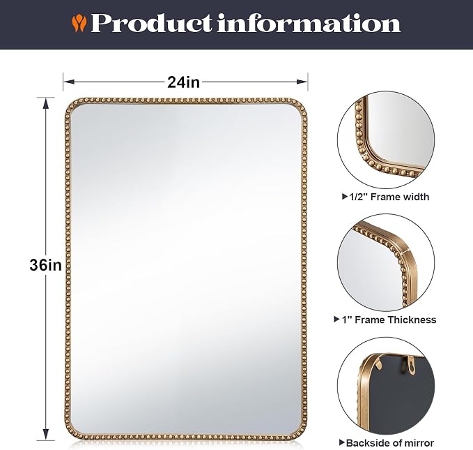24"x36" Champagne Bronze Mirror Bathroom, Beaded Vanity Mirror | Mount Vertically or Horizontally, Shatterproof Safety, HD, Brass Vanity Mirror for Bedroom Entryway Living Room Fireplace