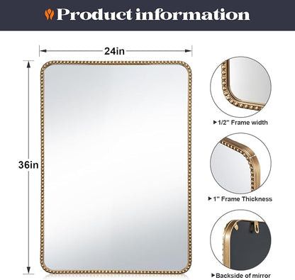 24"x36" Champagne Bronze Mirror Bathroom, Beaded Vanity Mirror | Mount Vertically or Horizontally, Shatterproof Safety, HD, Brass Vanity Mirror for Bedroom Entryway Living Room Fireplace