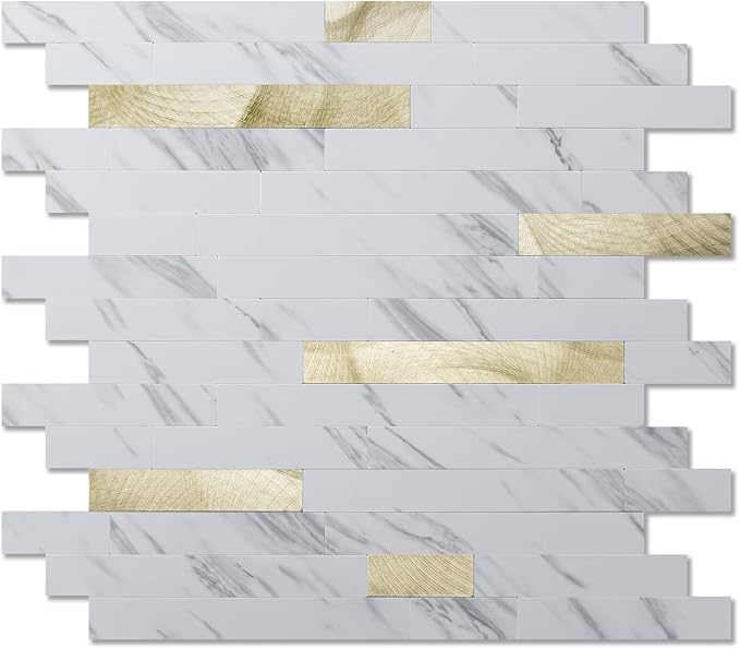 Art3d Faux Stone Peel & Stick Backsplash Tile, 10pcs, Gold Stud White Slate | PVC, Multi-Style Decor Sheets, Waterproof, Traceless Peel, No Wall Damage, Ideal for Kitchen