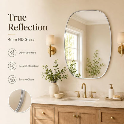Silver Oval Bathroom Mirrors 24x32 Inch | Oblong Vanity Mirror, Crystal-Clear HD Glass, Rust-Proof Aluminum Frame, Inner-Curved Decor for Bedroom, Entryway