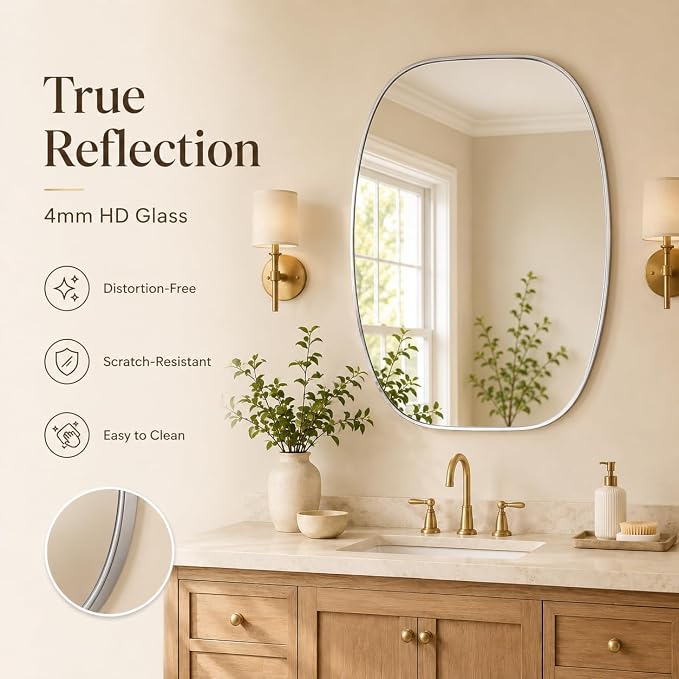 Silver Oval Bathroom Mirror 30x40 Inch | Oblong Vanity Mirror, Crystal-Clear HD Glass, Rust-Proof Aluminum Frame, Elegant Inner-Curved Edge, Modern Contemporary Style