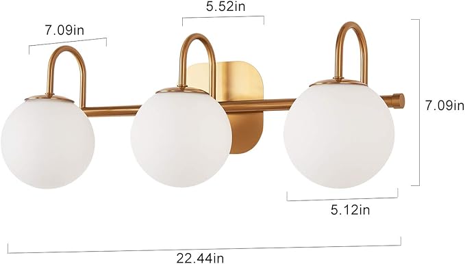 Modern Bathroom Vanity Light Fixtures 3 Lights Brushed Brass Frame and Milk White Glass Globe Shade Modern Wall Sconce Lighting Bath Vanity Lights Bar Over Mirror (Exclude G9 Bulb)