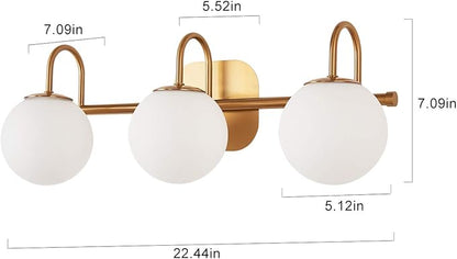 Modern Bathroom Vanity Light Fixtures 3 Lights Brushed Brass Frame and Milk White Glass Globe Shade Modern Wall Sconce Lighting Bath Vanity Lights Bar Over Mirror (Exclude G9 Bulb)