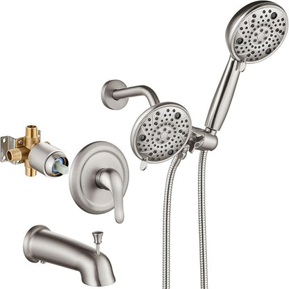 Aolemi Tub Shower Faucet Set Dual 8 Mode Head Valve Kit Brushed Nickel | Valve and Trim Kit, ABS Shower Head and Handheld System, Bathroom Bath Tub Spout 6.3",SUS304,Single Handle