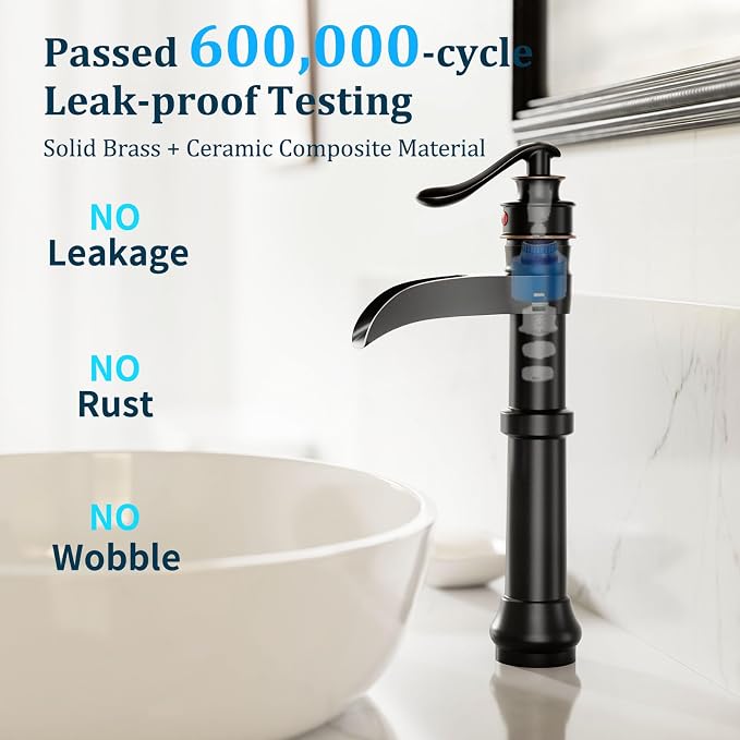 Oil Rubbed Bronze Vessel Sink Faucet Brass Tall Waterfall Bathroom Faucet | Single Handle Bathroom Sink Faucets with Pop Up Drain Without Overflow and Supply Hoses Mixer Tap Deck Mount by BATHLAVISH