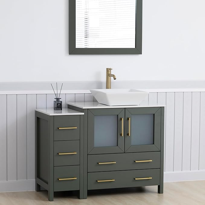 Vanity Art 42 Inch Vessel Single Sink Bathroom Vanity Cabinet with 1 Mirror, Engineered Marble Top Bathroom Cabinet Compact Set with 5 Dovetail Drawers and Soft Closing Doors, VA3130-42VG