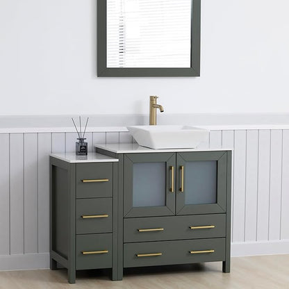 Vanity Art 42 Inch Vessel Single Sink Bathroom Vanity Cabinet with 1 Mirror, Engineered Marble Top Bathroom Cabinet Compact Set with 5 Dovetail Drawers and Soft Closing Doors, VA3130-42VG