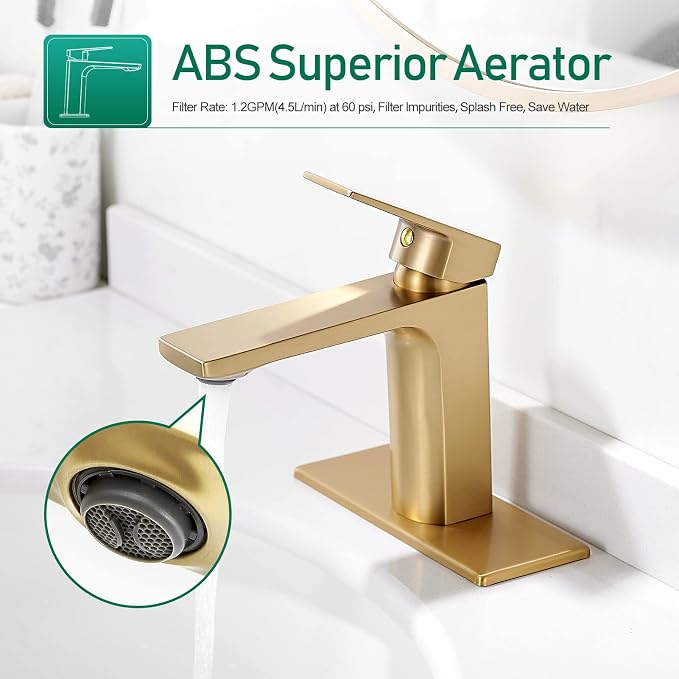 VOTON Brushed Gold Bathroom Sink Faucet Single Handle Bathroom Faucets for Sink 1 Hole Rv Lavatory Vanity Faucet with Deck Plate & Supply Hoses