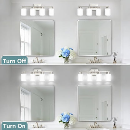 Brushed Nickel Bathroom Light Fixtures, 4-Light Modern Vanity Lights with Milky White Frosted Glass Shades, Wall Sconces for Mirror, Bathroom, Restroom (E26 Socket)