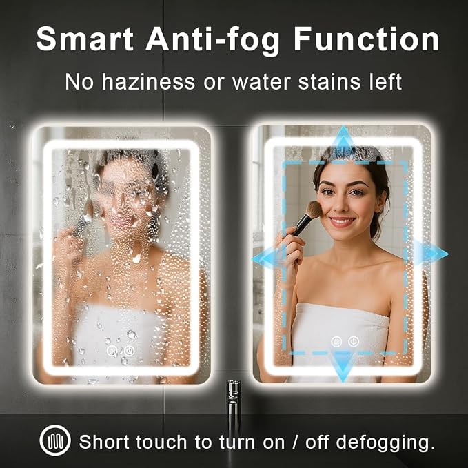 LED Bathroom Mirror, 20x28 in Vanity Mirrors with Backlit Lights for Shaving, Fogless Makeup Mirror Wall Mounted with Demister, Dimmable 3 Color Lighting, IP54, Vertically Only