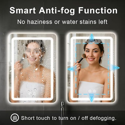 LED Bathroom Mirror, 20x28 in Vanity Mirrors with Backlit Lights for Shaving, Fogless Makeup Mirror Wall Mounted with Demister, Dimmable 3 Color Lighting, IP54, Vertically Only