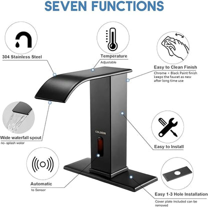 Touchless Bathroom Faucet, Automatic Sensor Waterfall Bathroom Tap, Modern Stainless Matte Black Sink, Hands Free Motion Sensor Lavatory Faucets for Sink 1 Hole