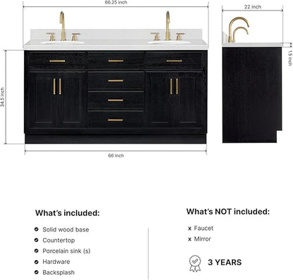 ARIEL Hepburn 66-inch Bathroom Vanity with Sink,Solid Wood, 1.5-inch Carrara White Quartz Countertop & Backsplash, Double Oval Porcelain Sink, 4 Soft Closing Doors, 6 Dovetail Drawers, Black Oak