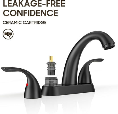 Phiestina 4 Inch 2 or 3 Holes 2 Handles Centerset Matte Black Lead-Free Bathroom Sink Faucet, Bathroom Faucet with Copper Pop Up Drain and Water Supply Lines, BF008-5-MB